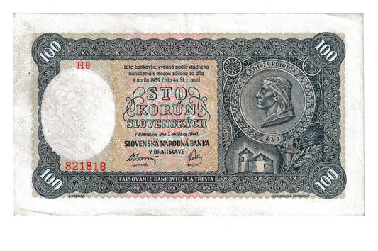 1940 100 korún H8 I emisia bez perforácie!