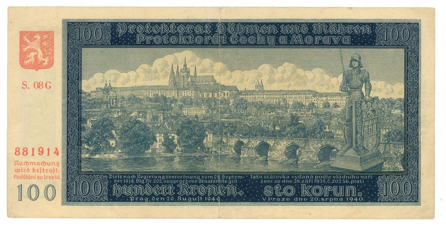1940 100 korún protektorát Čechy a Morava 08G