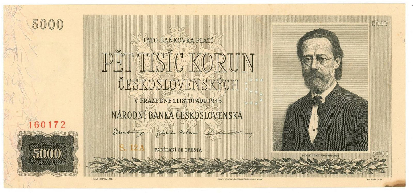 1945 5000 kčs Specimen A12 AUNC