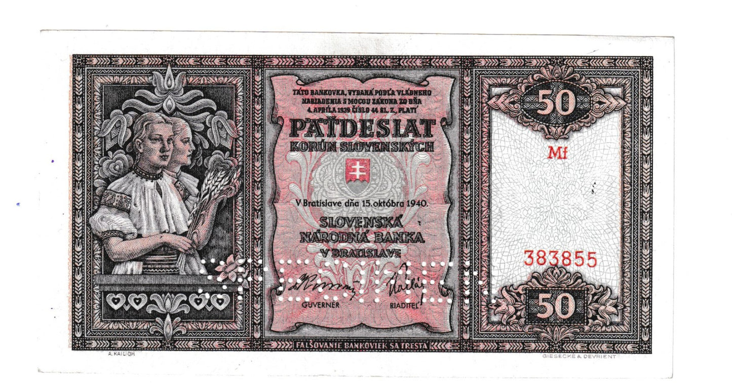 1940 50 korún Mf Specimen AUnc