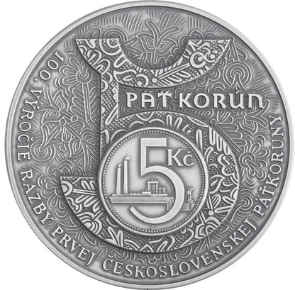2025 Strieborná medaila - 100. výročie razby prvej Československej 5-koruny