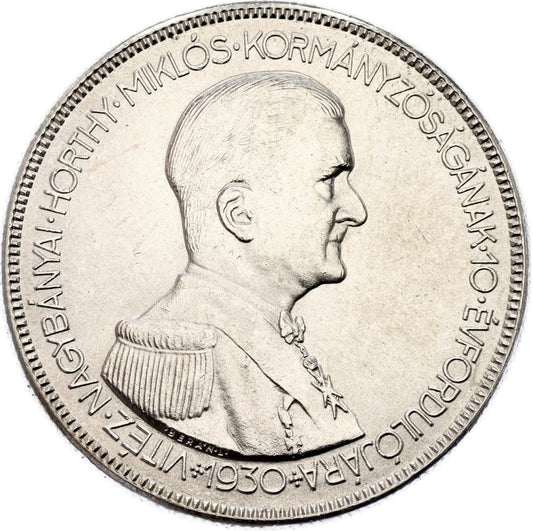 1930 Strieborná minca 5 Pengo Horty