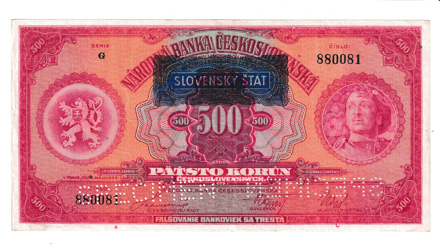 1939 500 Korún Slovenský Štát séria G Specimen