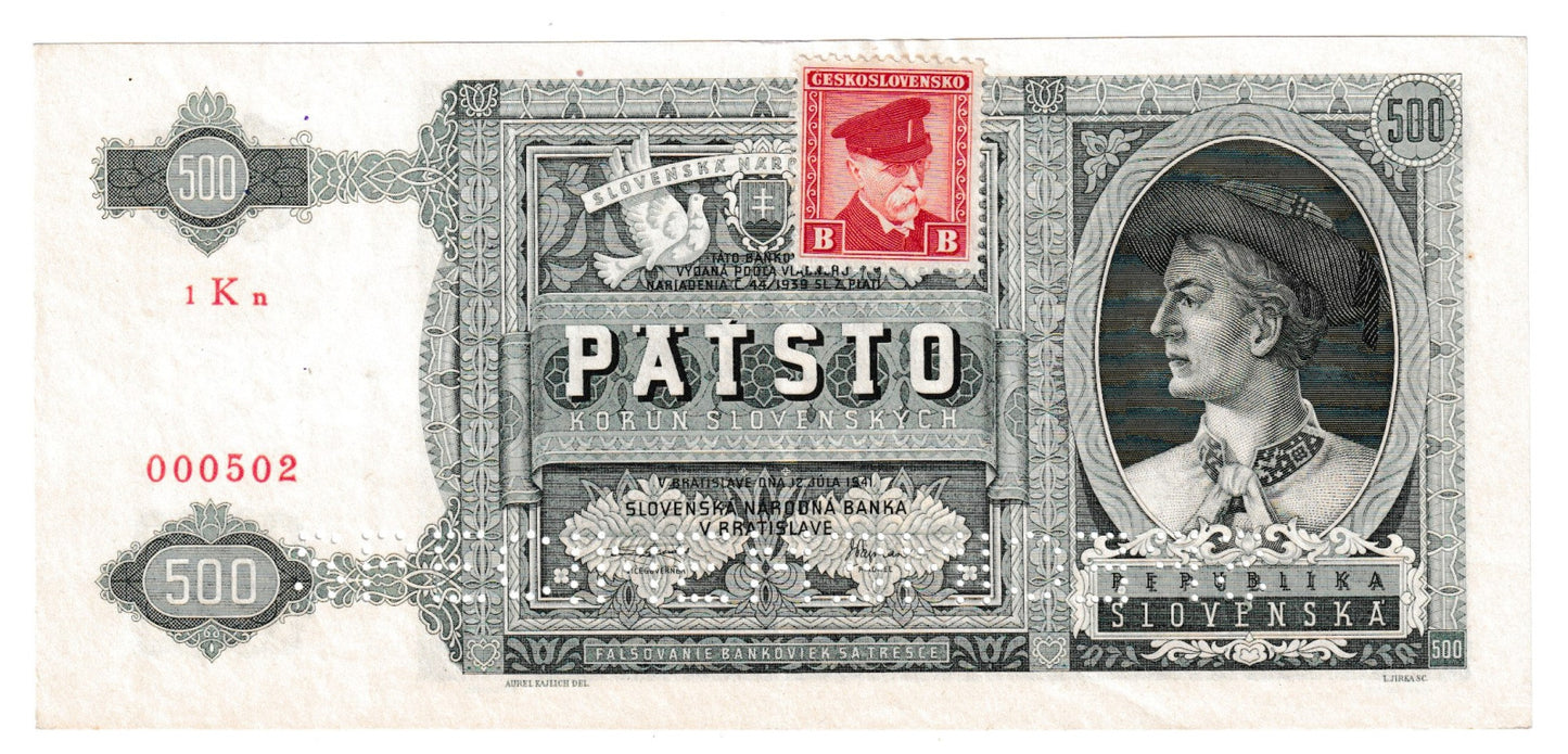 1941 500 korún 1Kn Specimen dvakrát dole s kolkom