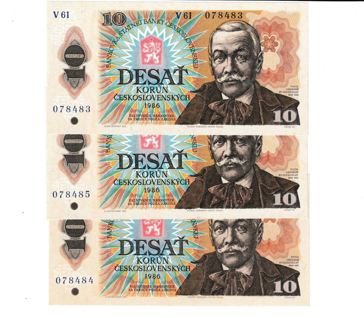 1986 POSTUPKA 3X 10 kčs Hviezdoslav Séria V