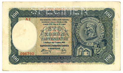 1940 100 korún A1 Specimen