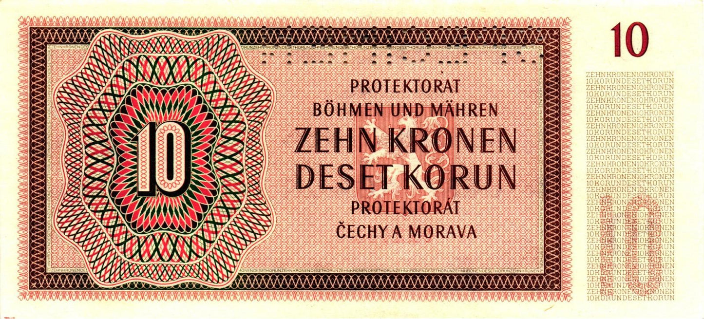 1942 10 korún protektorát Čechy a Morava S47 N Specimen UNC