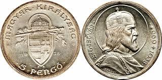 1938 Strieborná minca 5 Pengo Sv. Štefan