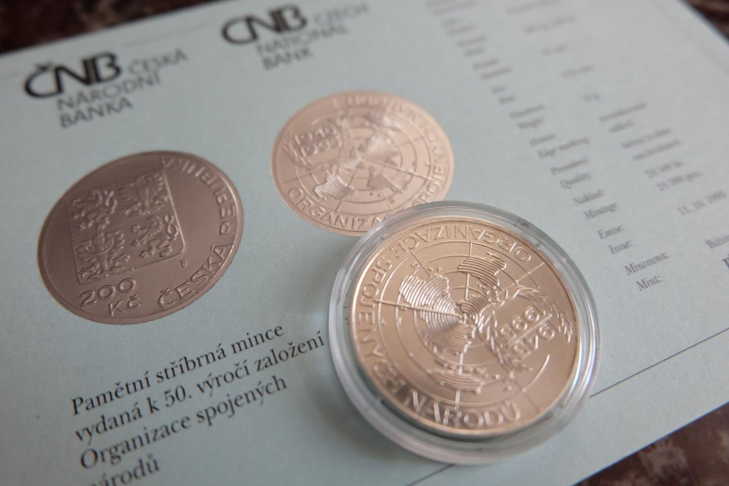 1995 Pamätná strieborná minca. 200 kč. 50. výročie založenia OSN