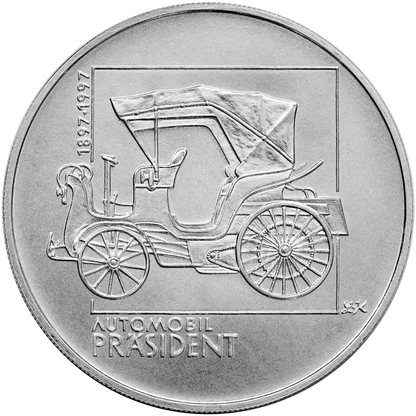 Pamätná strieborná minca. 200 kč 1997. 100. výročie výroby prvého osobného automobilu