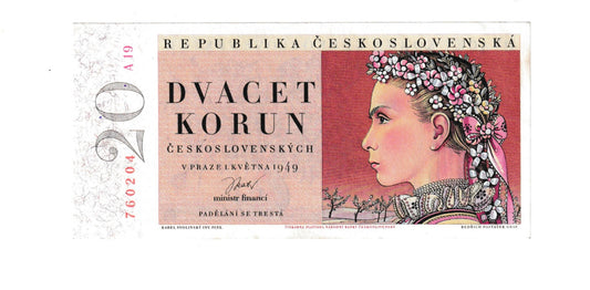 1949 20 kčs A19 UNC neperforované