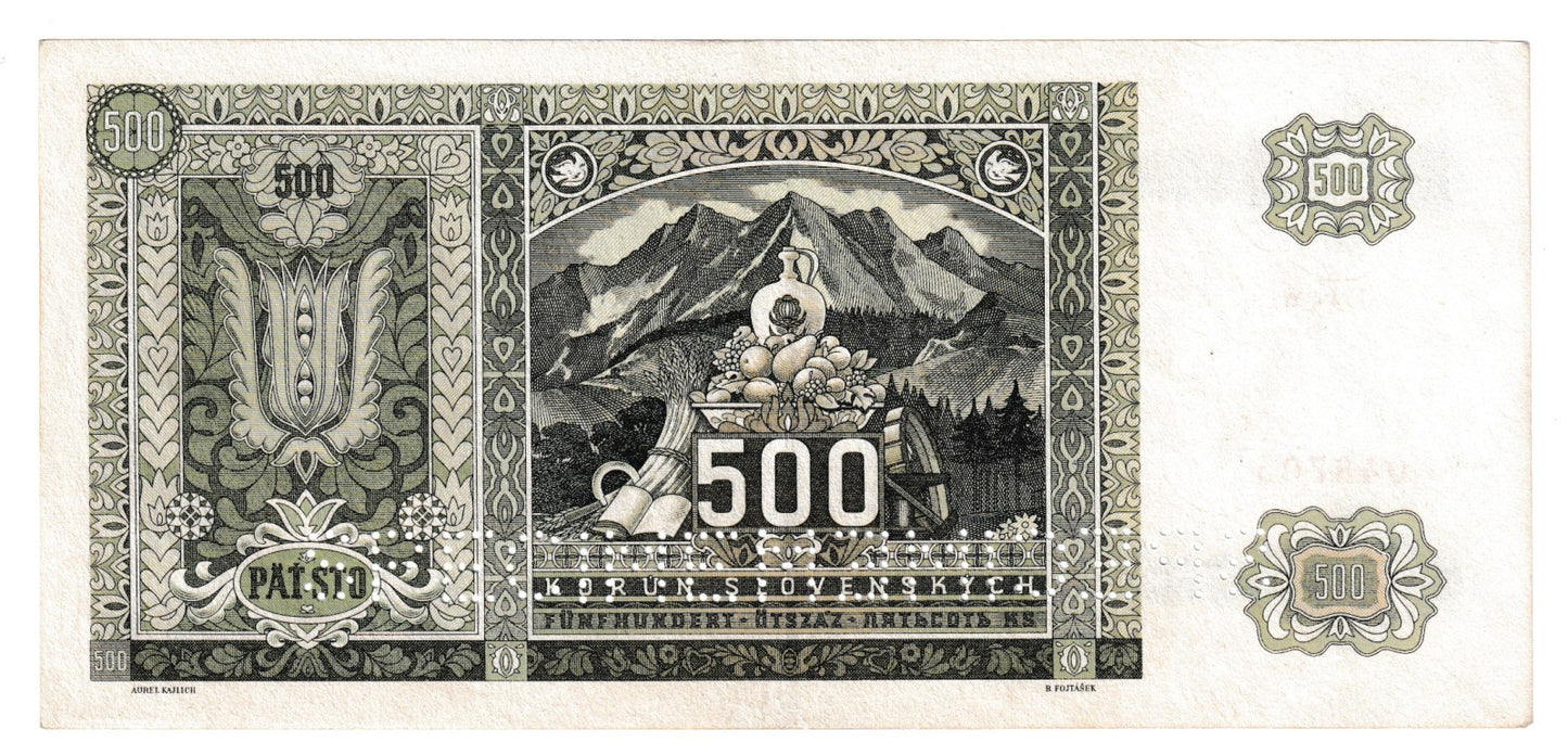 1941 500 korún 1Kn Specimen dvakrát dole